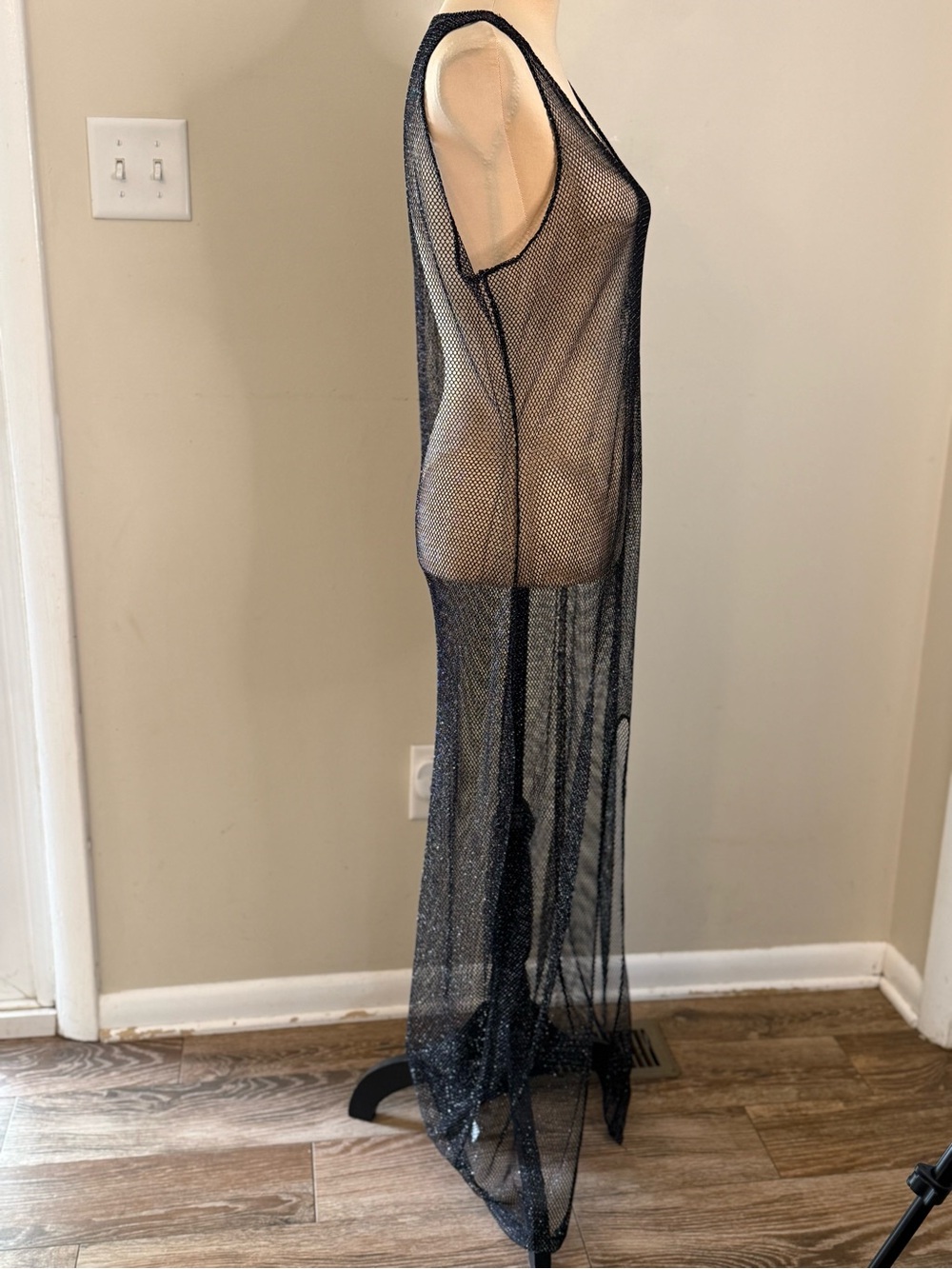 Swimwear coverup black metallic mesh semi sheer maxi length SZ XL